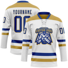 Load image into Gallery viewer, Custom White Royal-Old Gold Hockey Lace Neck Jersey
