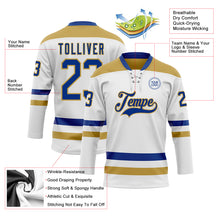 Load image into Gallery viewer, Custom White Royal-Old Gold Hockey Lace Neck Jersey
