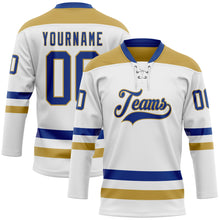 Load image into Gallery viewer, Custom White Royal-Old Gold Hockey Lace Neck Jersey
