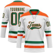 Load image into Gallery viewer, Custom White Kelly Green-Orange Hockey Lace Neck Jersey
