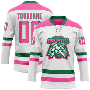 Custom White Pink-Kelly Green Hockey Lace Neck Jersey