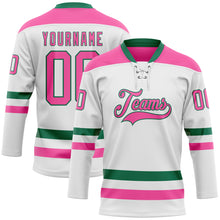 Load image into Gallery viewer, Custom White Pink-Kelly Green Hockey Lace Neck Jersey
