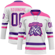 Load image into Gallery viewer, Custom White Purple-Pink Hockey Lace Neck Jersey
