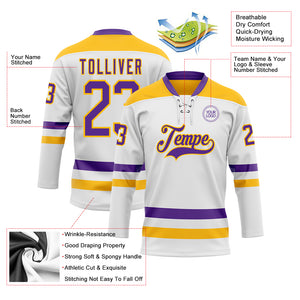 Custom White Purple-Gold Hockey Lace Neck Jersey