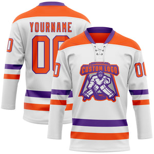 Custom White Orange-Purple Hockey Lace Neck Jersey