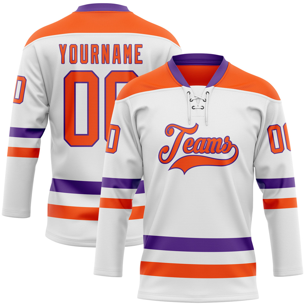 Custom White Orange-Purple Hockey Lace Neck Jersey