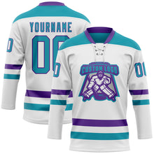 Load image into Gallery viewer, Custom White Teal-Purple Hockey Lace Neck Jersey
