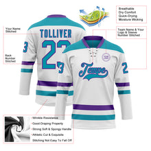 Load image into Gallery viewer, Custom White Teal-Purple Hockey Lace Neck Jersey
