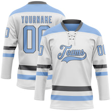 Load image into Gallery viewer, Custom White Light Blue-Steel Gray Hockey Lace Neck Jersey
