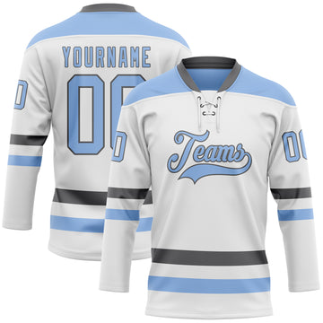 Custom White Light Blue-Steel Gray Hockey Lace Neck Jersey