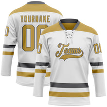 Load image into Gallery viewer, Custom White Old Gold-Steel Gray Hockey Lace Neck Jersey
