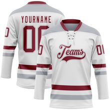 Load image into Gallery viewer, Custom White Crimson-Gray Hockey Lace Neck Jersey
