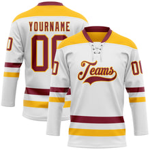 Load image into Gallery viewer, Custom White Crimson-Gold Hockey Lace Neck Jersey
