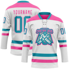 Load image into Gallery viewer, Custom White Teal-Pink Hockey Lace Neck Jersey
