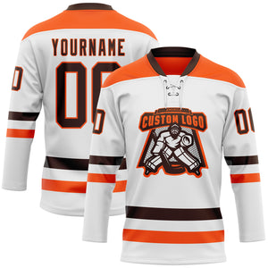 Custom White Brown-Orange Hockey Lace Neck Jersey