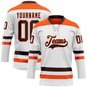 Custom White Brown-Orange Hockey Lace Neck Jersey