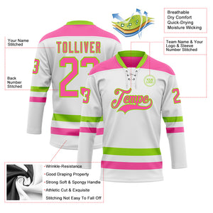 Custom White Pink-Neon Green Hockey Lace Neck Jersey