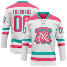 Load image into Gallery viewer, Custom White Neon Pink-Aqua Hockey Lace Neck Jersey
