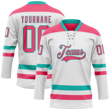 Load image into Gallery viewer, Custom White Neon Pink-Aqua Hockey Lace Neck Jersey
