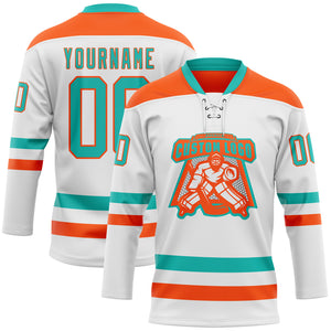 Custom White Aqua-Orange Hockey Lace Neck Jersey