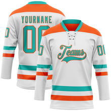 Load image into Gallery viewer, Custom White Aqua-Orange Hockey Lace Neck Jersey
