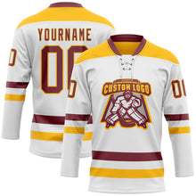 Load image into Gallery viewer, Custom White Burgundy-Gold Hockey Lace Neck Jersey
