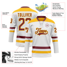 Load image into Gallery viewer, Custom White Burgundy-Gold Hockey Lace Neck Jersey
