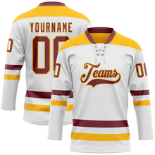 Load image into Gallery viewer, Custom White Burgundy-Gold Hockey Lace Neck Jersey
