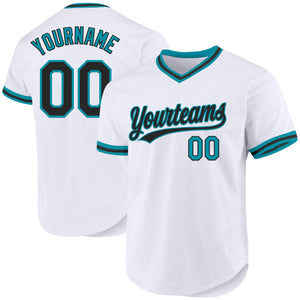 Custom White Black-Teal Authentic Throwback Baseball Jersey