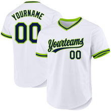 Load image into Gallery viewer, Custom White Navy-Neon Green Authentic Throwback Baseball Jersey
