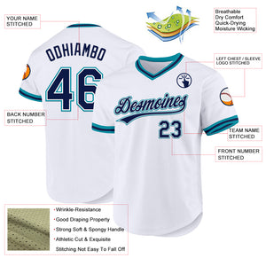 Custom White Navy-Teal Authentic Throwback Baseball Jersey