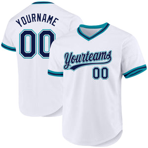 Custom White Navy-Teal Authentic Throwback Baseball Jersey