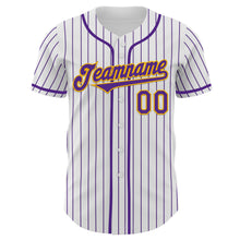 Load image into Gallery viewer, Custom White Purple Pinstripe Gold Authentic Baseball Jersey
