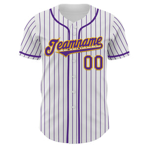 Custom White Purple Pinstripe Gold Authentic Baseball Jersey