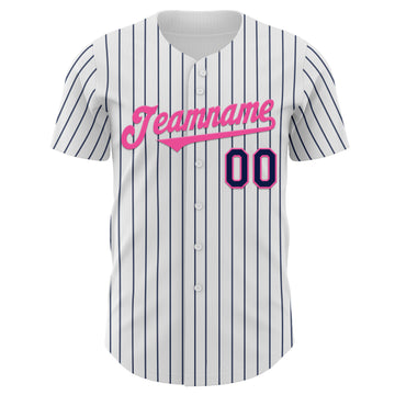 Custom White Navy Pinstripe Pink Authentic Baseball Jersey