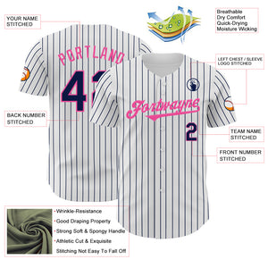 Custom White Navy Pinstripe Pink Authentic Baseball Jersey