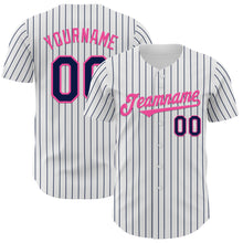 Load image into Gallery viewer, Custom White Navy Pinstripe Pink Authentic Baseball Jersey
