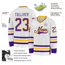 Load image into Gallery viewer, Custom White Purple-Gold Hockey Jersey
