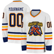 Load image into Gallery viewer, Custom White Navy Gold-Orange Hockey Jersey
