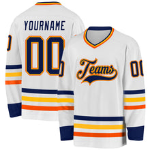 Load image into Gallery viewer, Custom White Navy Gold-Orange Hockey Jersey
