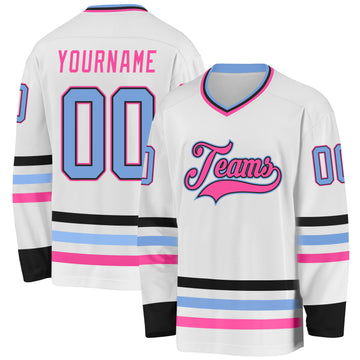 Custom White Light Blue Black-Pink Hockey Jersey