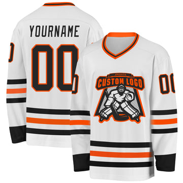 Custom White Black-Orange Hockey Jersey