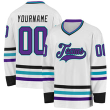 Load image into Gallery viewer, Custom White Purple Black-Teal Hockey Jersey
