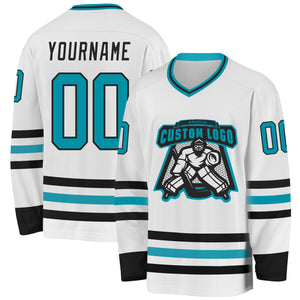 Custom White Teal-Black Hockey Jersey