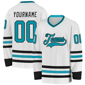 Custom White Teal-Black Hockey Jersey