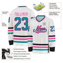 Load image into Gallery viewer, Custom White Teal Black-Pink Hockey Jersey
