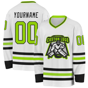 Custom White Neon Green-Black Hockey Jersey