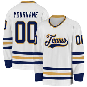 Custom White Navy-Old Gold Hockey Jersey