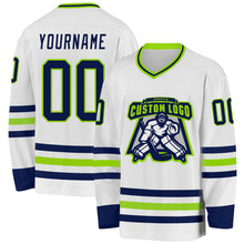 Load image into Gallery viewer, Custom White Navy-Neon Green Hockey Jersey
