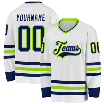 Custom White Navy-Neon Green Hockey Jersey